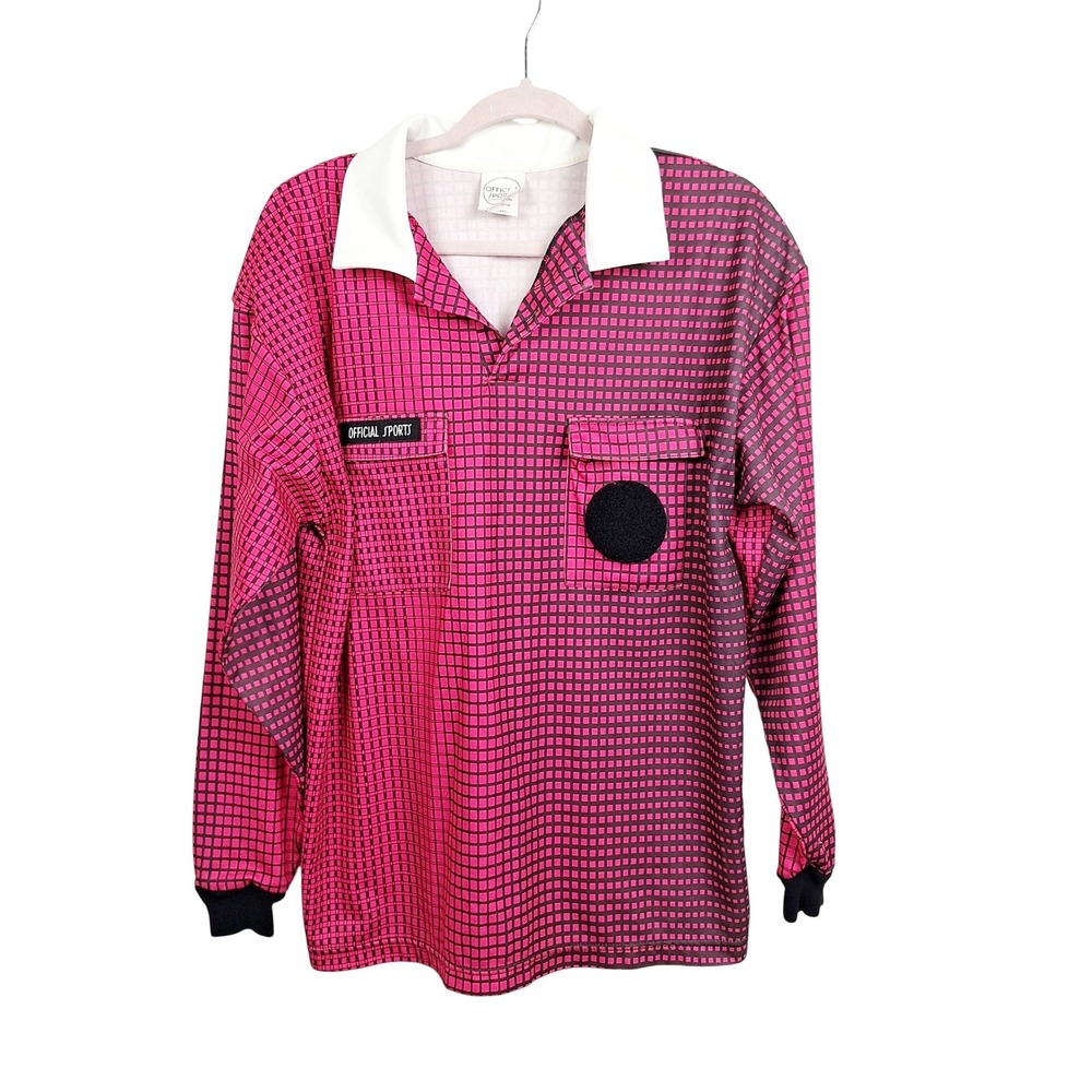 Official Sports Pink Grid Soccer Referee Jersey Long Sleeve Mens Large OS-2000